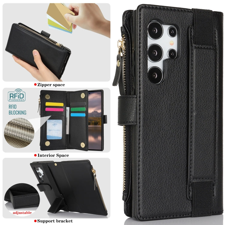 For Samsung Galaxy S24 Ultra 5G Wristband Holder Zipper Purse RFID Leather Phone Case