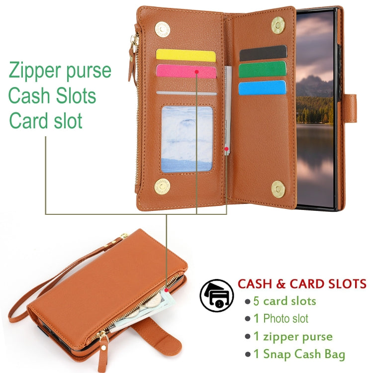 For Samsung Galaxy S24 Ultra 5G Wristband Holder Zipper Purse RFID Leather Phone Case