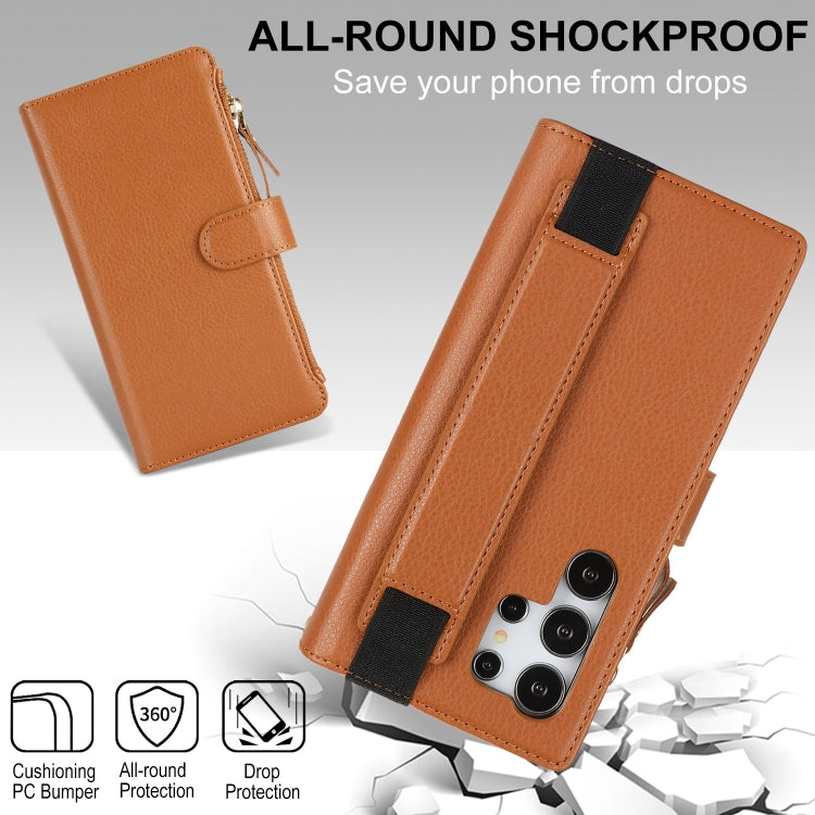 For Samsung Galaxy S24 Ultra 5G Wristband Holder Zipper Purse RFID Leather Phone Case