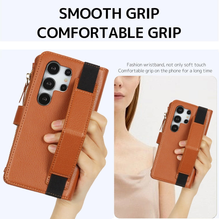 For Samsung Galaxy S24 Ultra 5G Wristband Holder Zipper Purse RFID Leather Phone Case