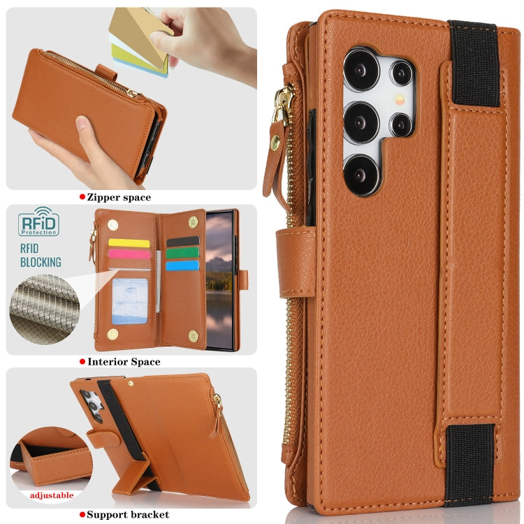 For Samsung Galaxy S24 Ultra 5G Wristband Holder Zipper Purse RFID Leather Phone Case