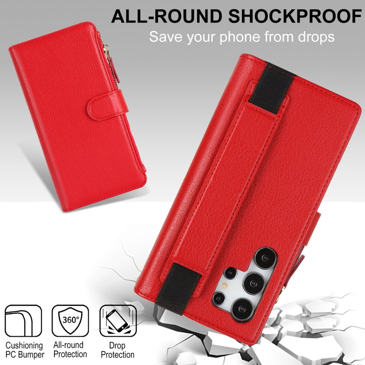 For Samsung Galaxy S24 Ultra 5G Wristband Holder Zipper Purse RFID Leather Phone Case