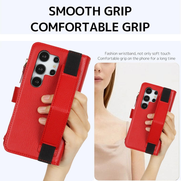 For Samsung Galaxy S24 Ultra 5G Wristband Holder Zipper Purse RFID Leather Phone Case