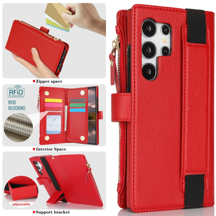 For Samsung Galaxy S24 Ultra 5G Wristband Holder Zipper Purse RFID Leather Phone Case