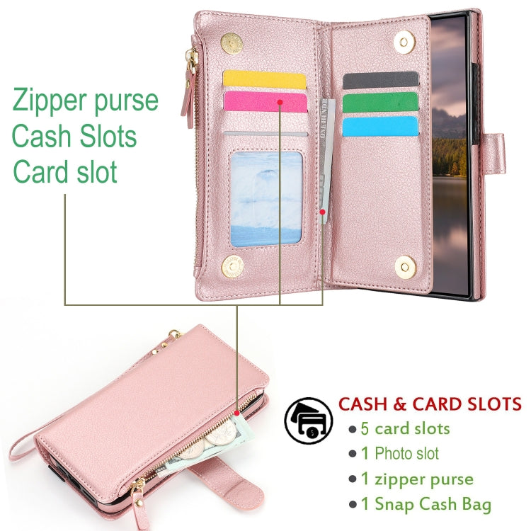 For Samsung Galaxy S24 Ultra 5G Wristband Holder Zipper Purse RFID Leather Phone Case