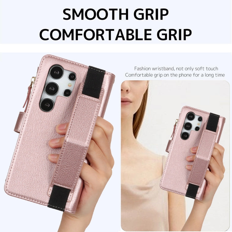 For Samsung Galaxy S24 Ultra 5G Wristband Holder Zipper Purse RFID Leather Phone Case