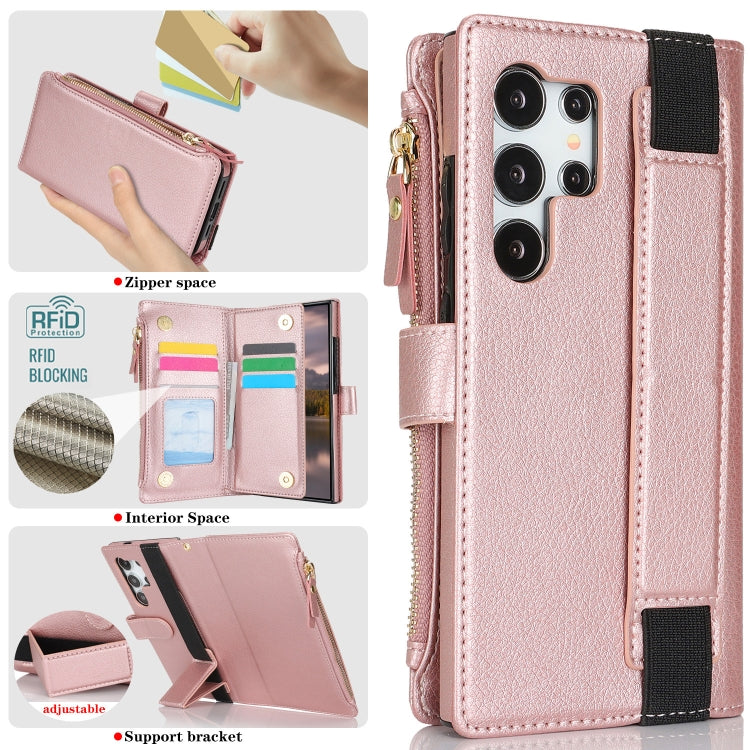 For Samsung Galaxy S24 Ultra 5G Wristband Holder Zipper Purse RFID Leather Phone Case