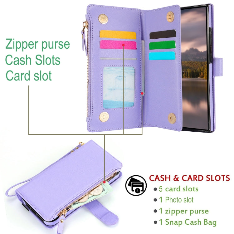 For Samsung Galaxy S24 Ultra 5G Wristband Holder Zipper Purse RFID Leather Phone Case