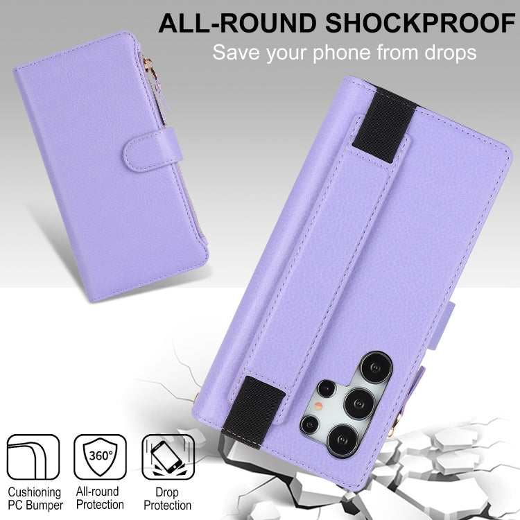 For Samsung Galaxy S24 Ultra 5G Wristband Holder Zipper Purse RFID Leather Phone Case