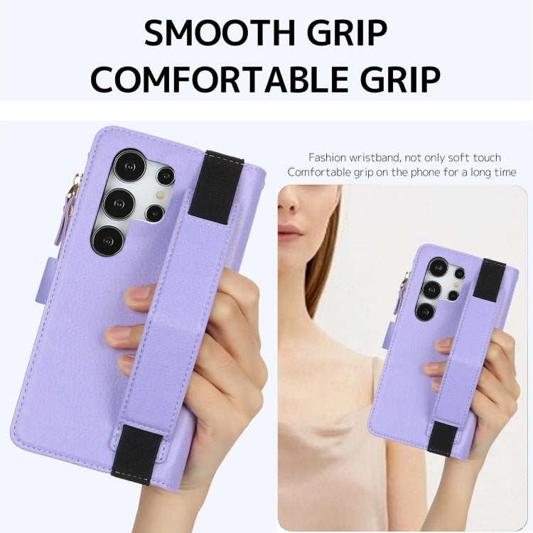 For Samsung Galaxy S24 Ultra 5G Wristband Holder Zipper Purse RFID Leather Phone Case