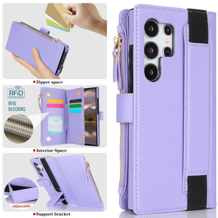 For Samsung Galaxy S24 Ultra 5G Wristband Holder Zipper Purse RFID Leather Phone Case