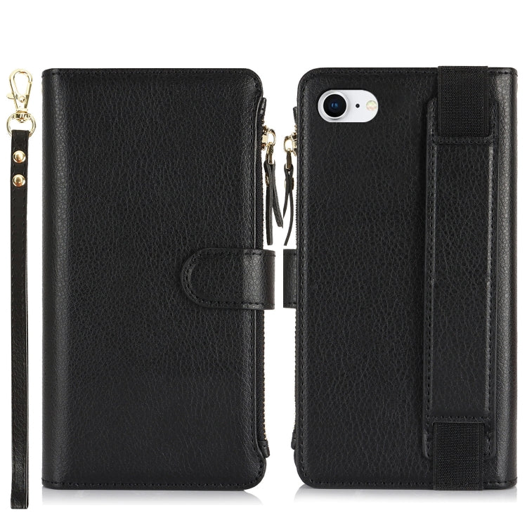 For iPhone SE 2022 / SE 2020 Wristband Holder Zipper Purse RFID Leather Phone Case