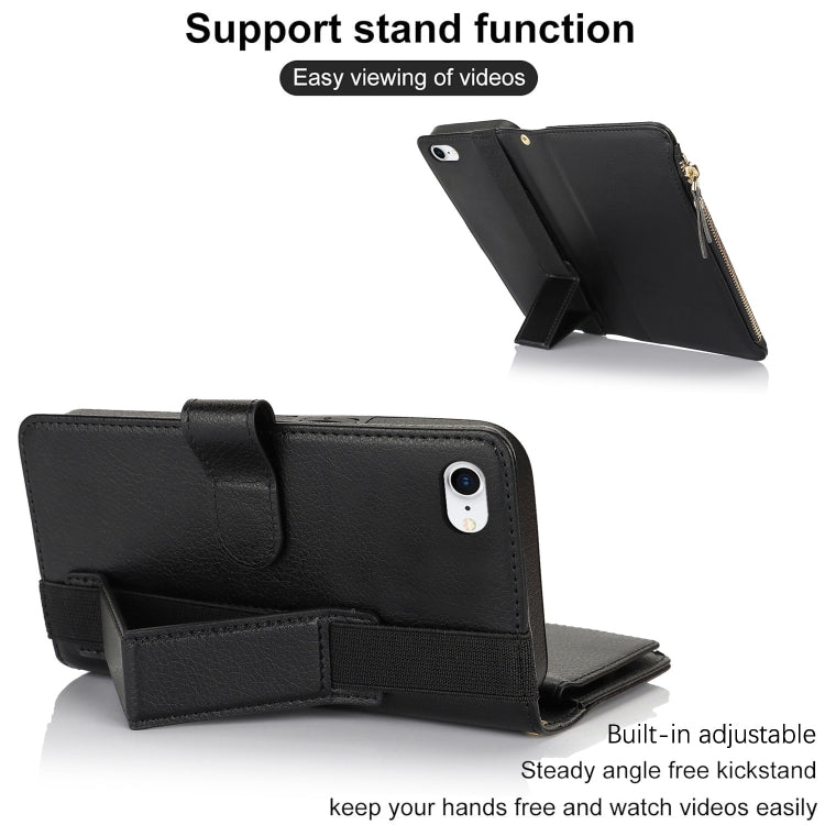 For iPhone SE 2022 / SE 2020 Wristband Holder Zipper Purse RFID Leather Phone Case