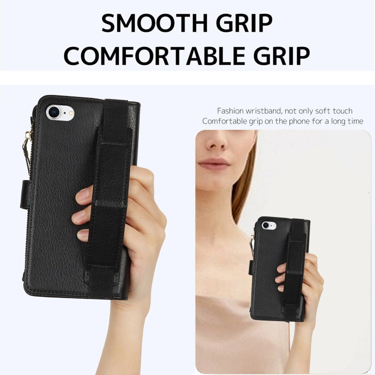 For iPhone SE 2022 / SE 2020 Wristband Holder Zipper Purse RFID Leather Phone Case