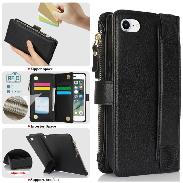 For iPhone SE 2022 / SE 2020 Wristband Holder Zipper Purse RFID Leather Phone Case