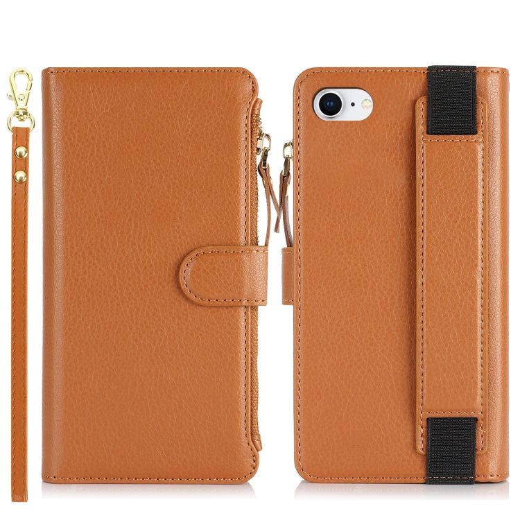 For iPhone SE 2022 / SE 2020 Wristband Holder Zipper Purse RFID Leather Phone Case