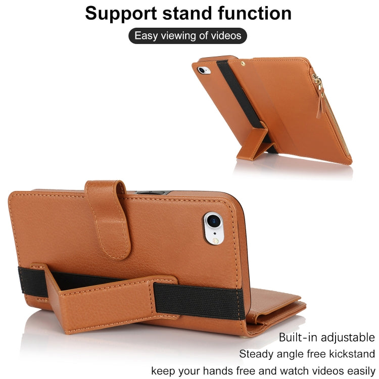 For iPhone SE 2022 / SE 2020 Wristband Holder Zipper Purse RFID Leather Phone Case