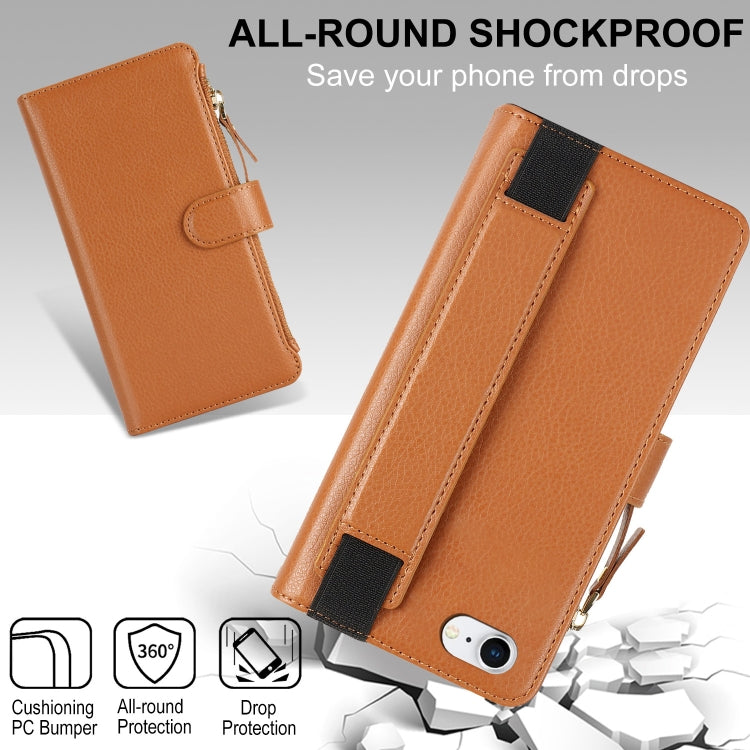 For iPhone SE 2022 / SE 2020 Wristband Holder Zipper Purse RFID Leather Phone Case