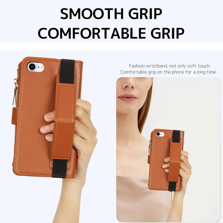 For iPhone SE 2022 / SE 2020 Wristband Holder Zipper Purse RFID Leather Phone Case
