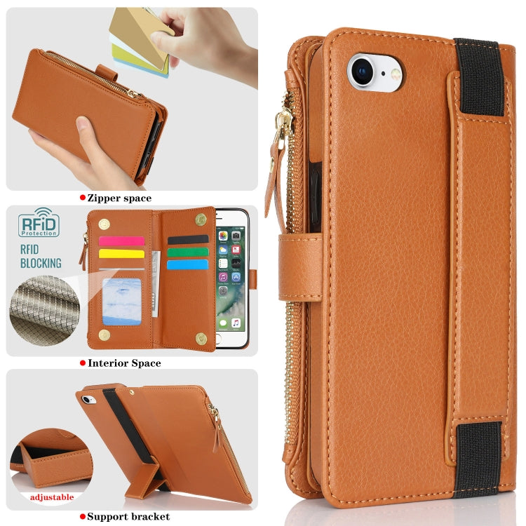 For iPhone SE 2022 / SE 2020 Wristband Holder Zipper Purse RFID Leather Phone Case