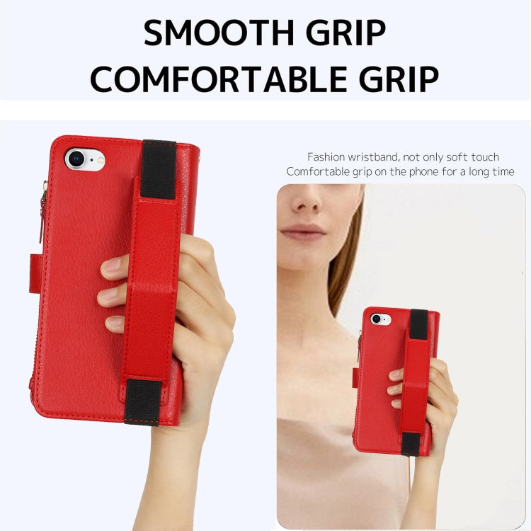 For iPhone SE 2022 / SE 2020 Wristband Holder Zipper Purse RFID Leather Phone Case