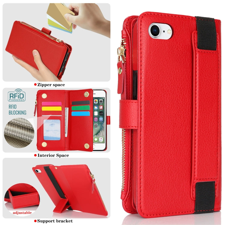 For iPhone SE 2022 / SE 2020 Wristband Holder Zipper Purse RFID Leather Phone Case