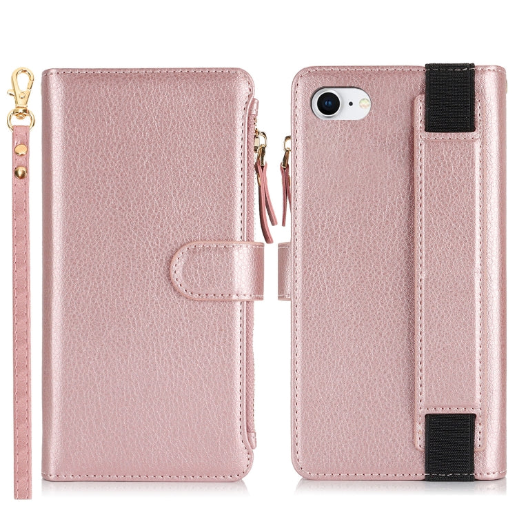 For iPhone SE 2022 / SE 2020 Wristband Holder Zipper Purse RFID Leather Phone Case