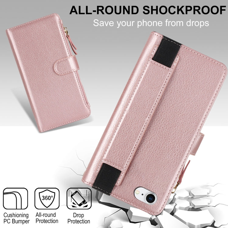 For iPhone SE 2022 / SE 2020 Wristband Holder Zipper Purse RFID Leather Phone Case
