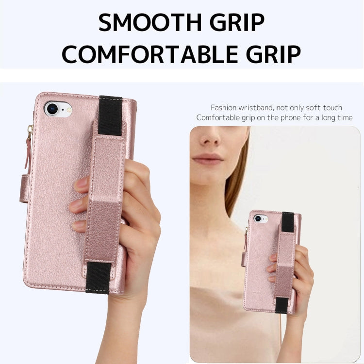 For iPhone SE 2022 / SE 2020 Wristband Holder Zipper Purse RFID Leather Phone Case