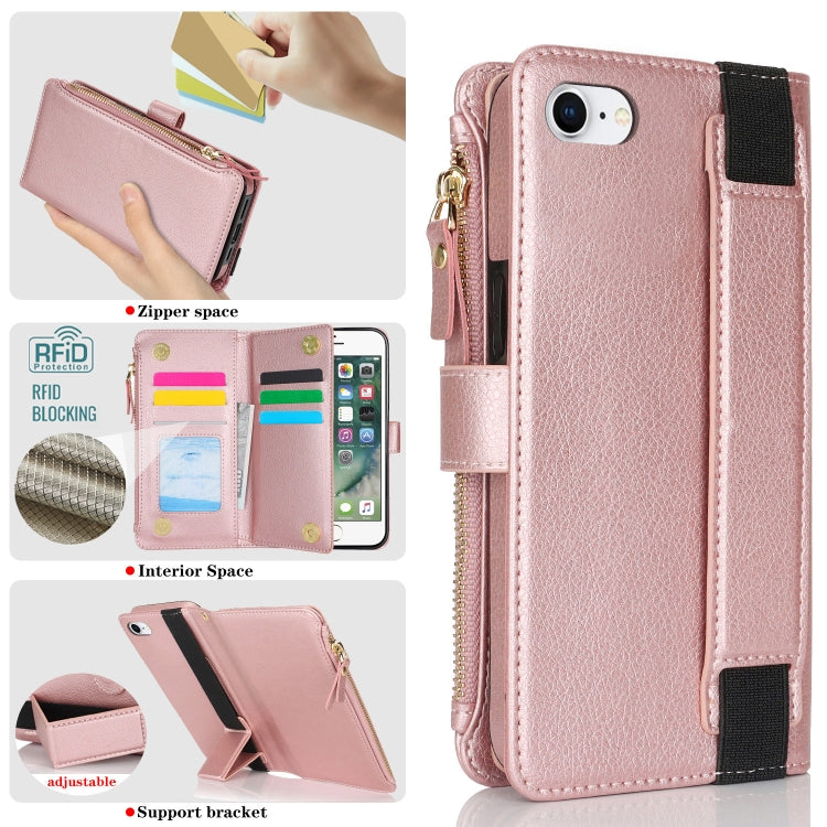 For iPhone SE 2022 / SE 2020 Wristband Holder Zipper Purse RFID Leather Phone Case