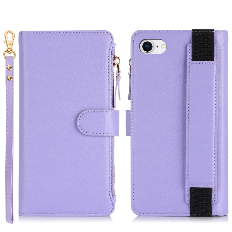 For iPhone SE 2022 / SE 2020 Wristband Holder Zipper Purse RFID Leather Phone Case