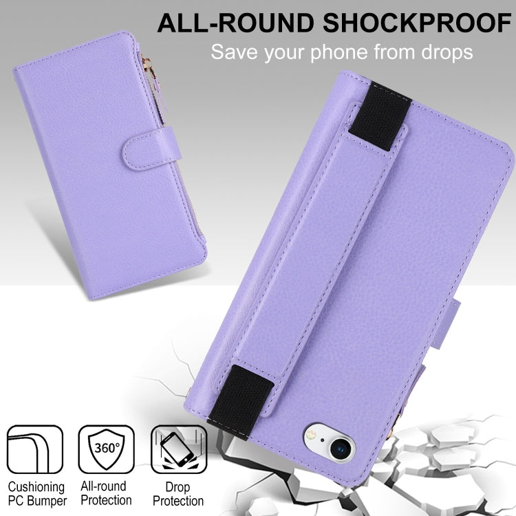 For iPhone SE 2022 / SE 2020 Wristband Holder Zipper Purse RFID Leather Phone Case