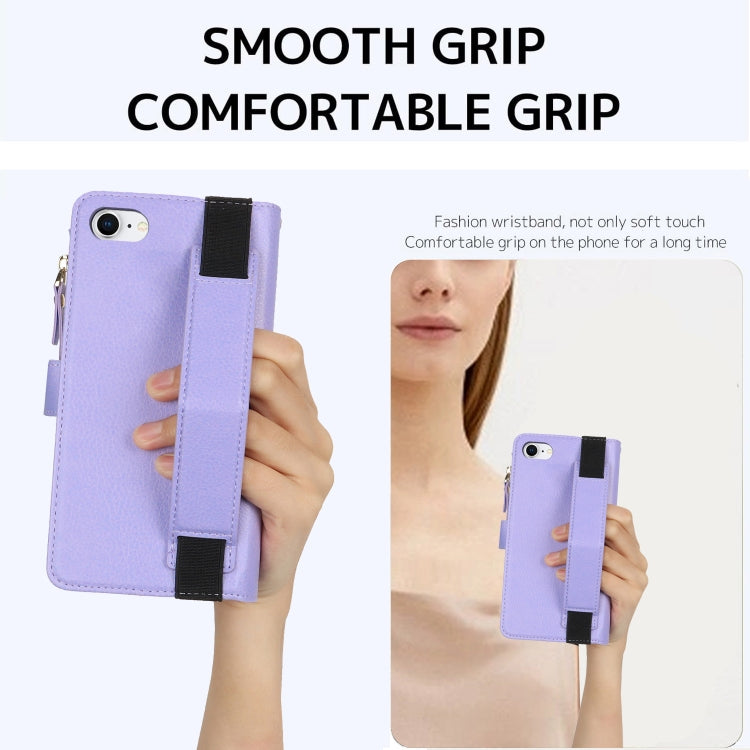 For iPhone SE 2022 / SE 2020 Wristband Holder Zipper Purse RFID Leather Phone Case