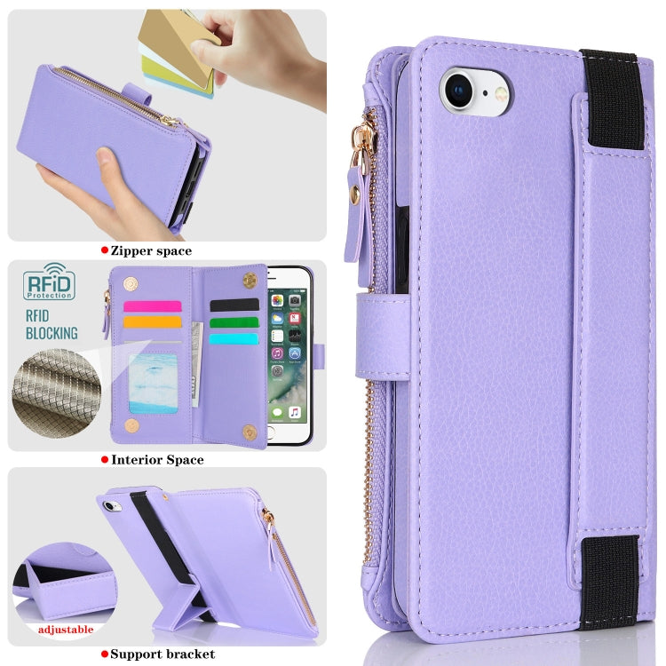 For iPhone SE 2022 / SE 2020 Wristband Holder Zipper Purse RFID Leather Phone Case