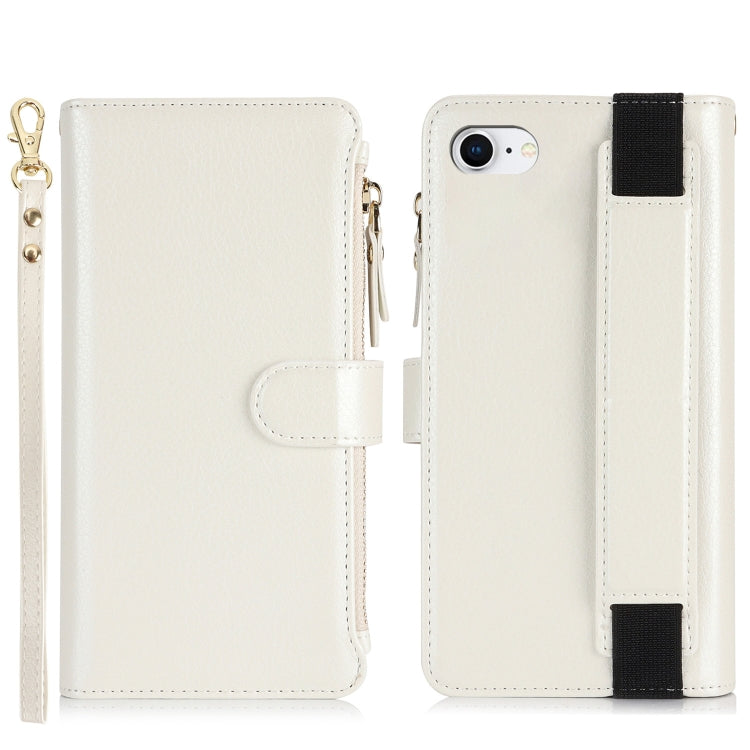 For iPhone SE 2022 / SE 2020 Wristband Holder Zipper Purse RFID Leather Phone Case