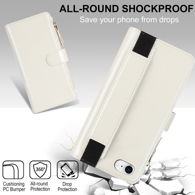 For iPhone SE 2022 / SE 2020 Wristband Holder Zipper Purse RFID Leather Phone Case