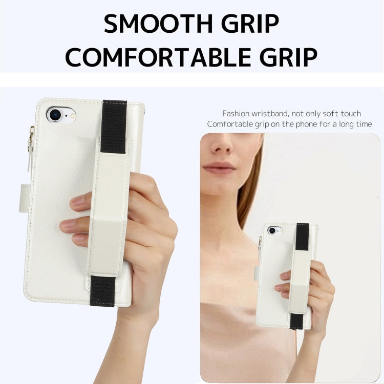 For iPhone SE 2022 / SE 2020 Wristband Holder Zipper Purse RFID Leather Phone Case