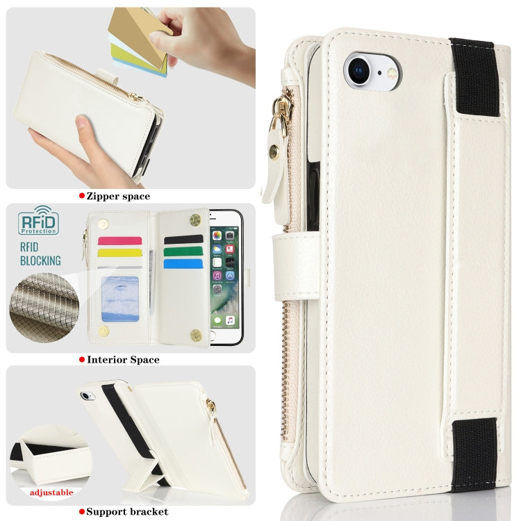 For iPhone SE 2022 / SE 2020 Wristband Holder Zipper Purse RFID Leather Phone Case