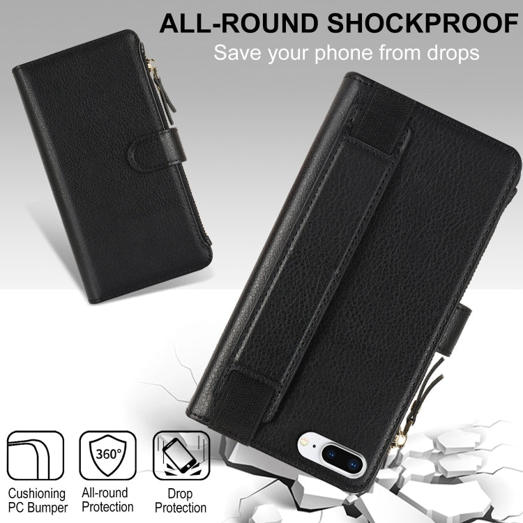 For iPhone 8 Plus / 7 Plus Wristband Holder Zipper Purse RFID Leather Phone Case