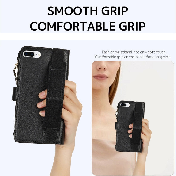 For iPhone 8 Plus / 7 Plus Wristband Holder Zipper Purse RFID Leather Phone Case