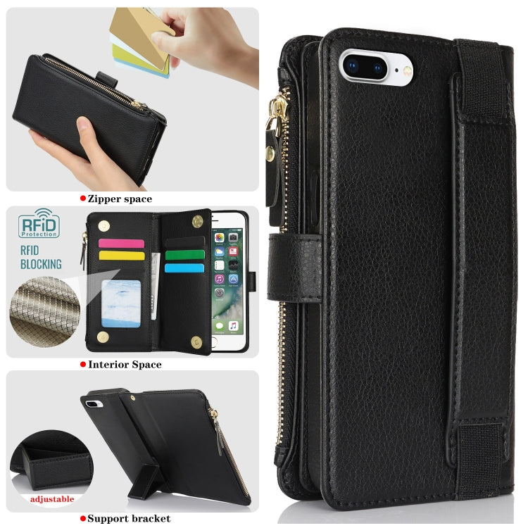 For iPhone 8 Plus / 7 Plus Wristband Holder Zipper Purse RFID Leather Phone Case