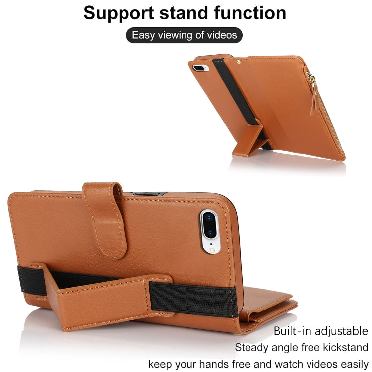 For iPhone 8 Plus / 7 Plus Wristband Holder Zipper Purse RFID Leather Phone Case