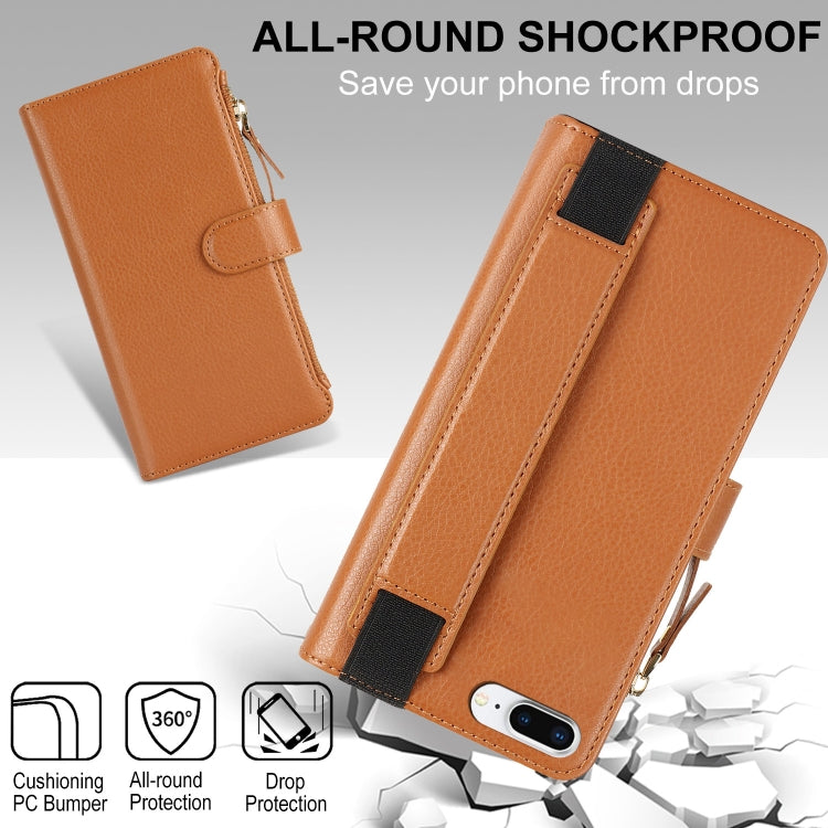 For iPhone 8 Plus / 7 Plus Wristband Holder Zipper Purse RFID Leather Phone Case