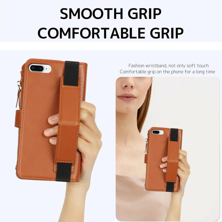 For iPhone 8 Plus / 7 Plus Wristband Holder Zipper Purse RFID Leather Phone Case