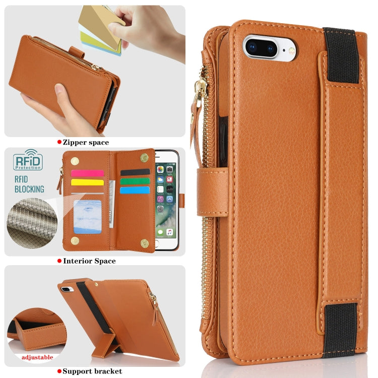 For iPhone 8 Plus / 7 Plus Wristband Holder Zipper Purse RFID Leather Phone Case
