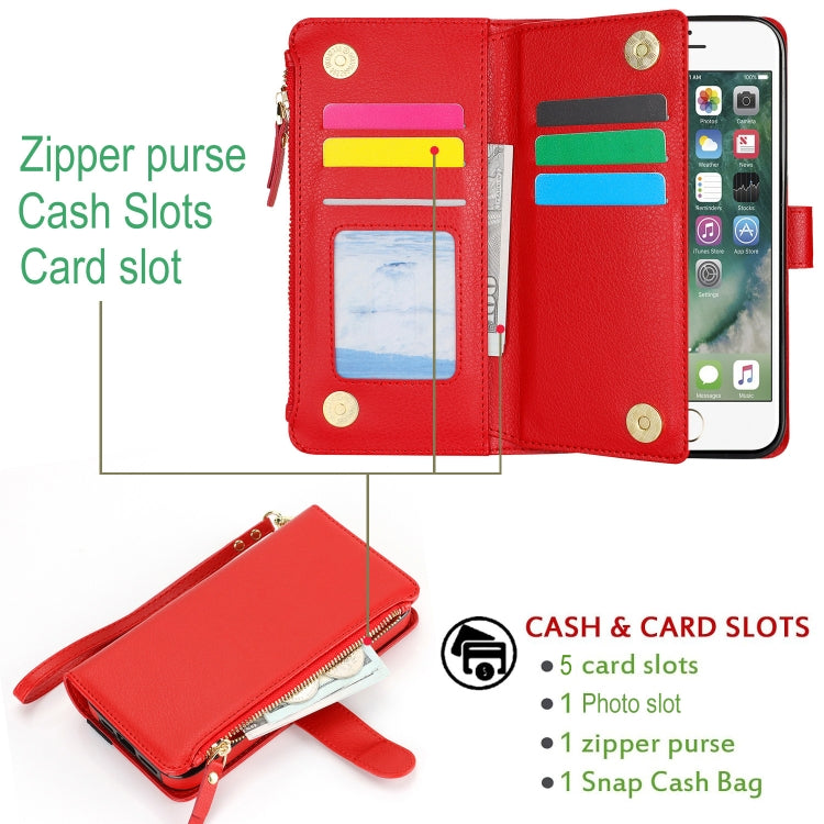 For iPhone 8 Plus / 7 Plus Wristband Holder Zipper Purse RFID Leather Phone Case