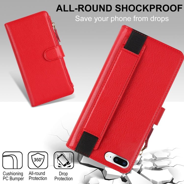 For iPhone 8 Plus / 7 Plus Wristband Holder Zipper Purse RFID Leather Phone Case