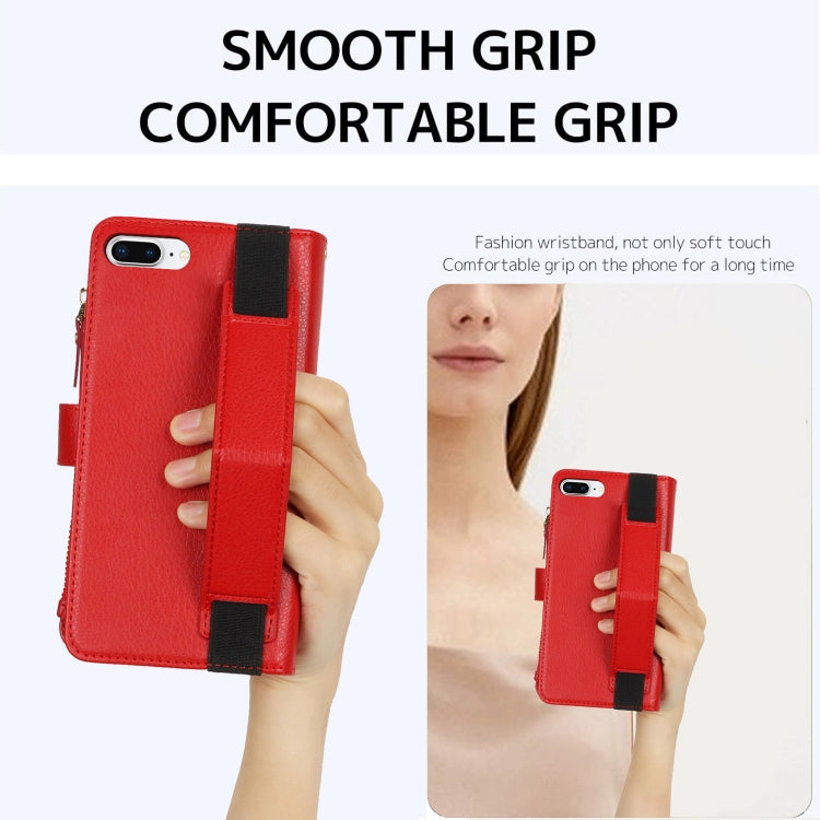 For iPhone 8 Plus / 7 Plus Wristband Holder Zipper Purse RFID Leather Phone Case