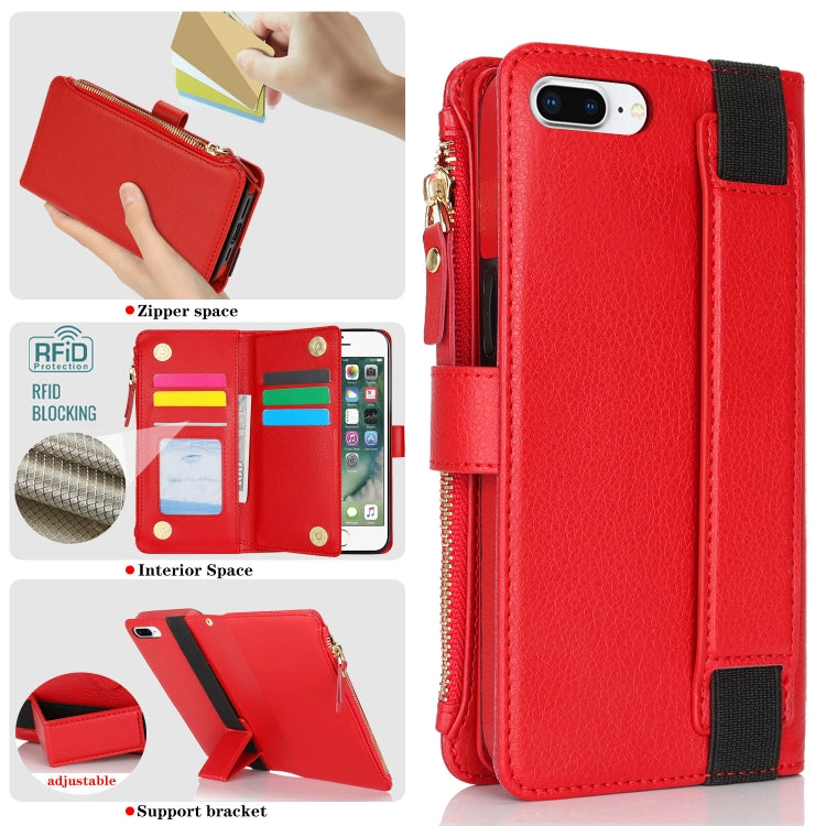 For iPhone 8 Plus / 7 Plus Wristband Holder Zipper Purse RFID Leather Phone Case