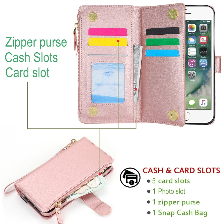 For iPhone 8 Plus / 7 Plus Wristband Holder Zipper Purse RFID Leather Phone Case